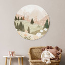 Billede af pastelfarvet bjerglandskab med blomster - Treechild - rund – print på aluminium