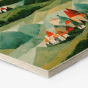 Hexagon Holzbild Treechild - Kleines Dorf inmitten grüner Hügel