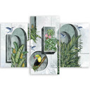 Lærred print 3 stykker, former i væggen med planter og fugle Toucan Koliber