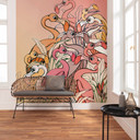 Non-woven tapet - Flamingoer og liljer - 200 x 280 cm