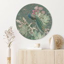 Billede af påfugl i tropisk have på mosaik - Bloomery Decor - rund – print på aluminium (Alu-Dibond)