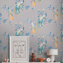 blomstertapet gråblå - bevaringstapet blomsterfugle - designtapet påfugl
