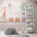 Dyr på et tog pink beige 3,75 x 2,50 m - Fototapet til børn med varmluftsballon