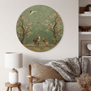 Obraz drewniany żurawie w kwiatowym krajobrazie - Bloomery Decor - Okrągły