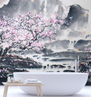 Fototapete, Blühender Kirschbaum Japan Landschaft