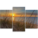 3 stykke lærredsprint, havstrandgræssolnedgang