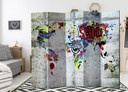 Skærm til rumopdeling - Verdenskort - Graffitiverden, 5-delt - 225x172 cm