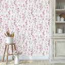 Non-woven tapet med skira ängsblommor i rosa och vitt som en blommig naturtapet