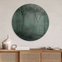 Glasschilderijen Forest Magic in the Morning Mist Green - Ms Tiff - Rond
