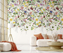 Fototapet med motiv Färgglad blomsteräng med fjärilar och fåglar 3,4 x 2,12 m