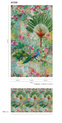 Blomster og påfugle tapet Fototapet grøn, pink, steneffekt 2,70 x 1,59 m