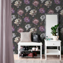 Tapeta w kwiaty z piwoniami czarno-fioletowa - elegancka tapeta w kwiaty - tapeta z włókniny