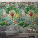 Blomster og påfugle tapet Fototapet grøn, pink, steneffekt 2,70 x 1,59 m