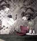 Fototapet med motiv av en art deco-rana i greige med blad och solfjädermönster 3,4 x 2,65 m