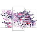 3 stykke lærredstryk, Pagoda Cherry Tree Japan Painted