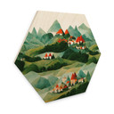 Hexagon Holzbild Treechild - Kleines Dorf inmitten grüner Hügel