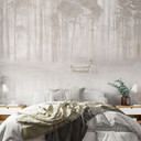 Bos Fotobehang - bos bij het meer in beige mist - Ms Tiff