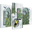 Lærred print 3 stykker, former i væggen med planter og fugle Toucan Koliber