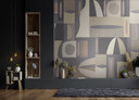 Fototapet Geometrisk retromønster i mørkeblå, taupe & beige 2,7 x 2,12 m