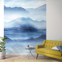 Tapet Fototapet med tågedal ved sø Blå, Grå, Illustration 2,70 x 2,12 m