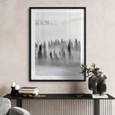 Plakat las w chmurach w czerni i bieli - Xu