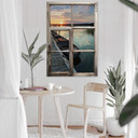 3D Wallsticker vindue shabby - Solnedgang ved søen