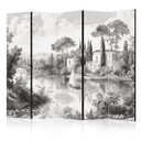 Paravent, Raumteiler freistehend, Trennwand - Black and White Vintage Landscape: Pond with Boat