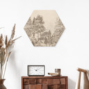 Houten Wanddecoratie zeshoek met boslandschap in beige - Ms Tiff