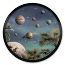 Plakat do pokoju dziecięcego Kikki Belle - Tropikalny świat fantasy z planetami i palmami - Okrągły