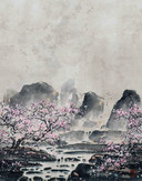 Papier peint photo Fleurs de cerisier dans la brume avec montagnes dans les tons gris et rose pâle 2