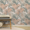 Non-woven tapet blad i beige blå greige tropisk modern med monstera look