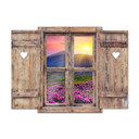3D Wallsticker trævindue med hjerte - solnedgang i bjergene