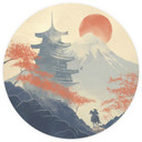Wschód słońca nad pagodą | Japan Art - Roze - Fototapeta okrągła - tapeta flizelinowa/tapeta flizeli