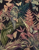 Papier peint photo Oiseau tropical avec papillons et feuilles de palmier sur fond sombre 2,7 x 2,12 