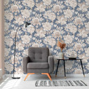 Tapeta w kwiaty vintage niebiesko-beżowa - tapeta w kwiaty w stylu retro - tapeta z włókniny