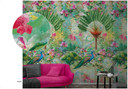 Blomster og påfugle tapet Fototapet grøn, pink, steneffekt 2,70 x 1,59 m