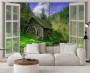 Fototapete Fenster - Blick auf eine Hütte im Wald