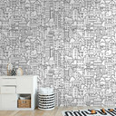 Fototapet med byillustration - non-woven tapet med sort-hvidt mønster - tapet til børneværelset
