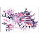 3 stykke lærredstryk, Pagoda Cherry Tree Japan Painted