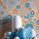 Vintage blommig tapet blå orange - blommig tapet i retrostil - non-woven tapet