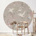 Fototapeta Cranes in Cherry Blossom Rush Beige | Chinoiserie - Bloomery Decor - okrągła - samoprzyle