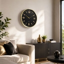 Horloge murale aluminium noir et or, horloge à quartz ronde avec grands chiffres 30x30x4 cm