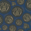 Tapeta Versace Home niebiesko-czarna z głowami meduzy luksusowa designerska tapeta z włókniny