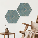 Sekskantet billede af vintage mandala i turkis guld - Bloomery Decor - aluminium dibond