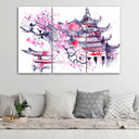 3 stykke lærredstryk, Pagoda Cherry Tree Japan Painted