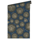 Tapeta Versace Home niebiesko-czarna z głowami meduzy luksusowa designerska tapeta z włókniny