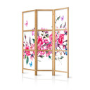 Paravent japonais Séparation de pièce - Style japonais : fleurs et papillons, 3 pièces