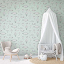 Børnetapet, non-woven tapet med illustration Kids Walls grøn, hvid 