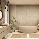Non-woven tapet med sildebensmønster og trælook beige træeffekt