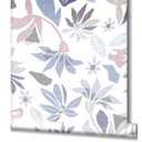 Tapet, non-woven blomstertapet Flora hvid, lilla